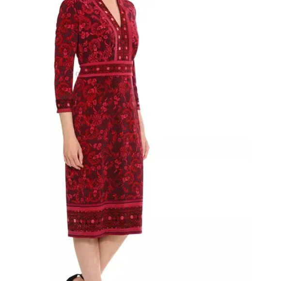 NWOT LONDON TIMES Women's Placed Print 3/4-Sleeve Jersey Sheath Dress - Picture 1 of 3